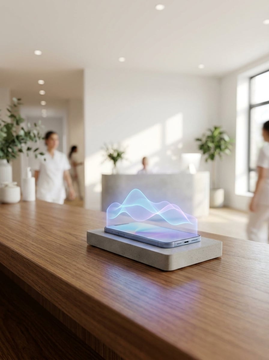 AURA answering from a phone on a salon reception desk