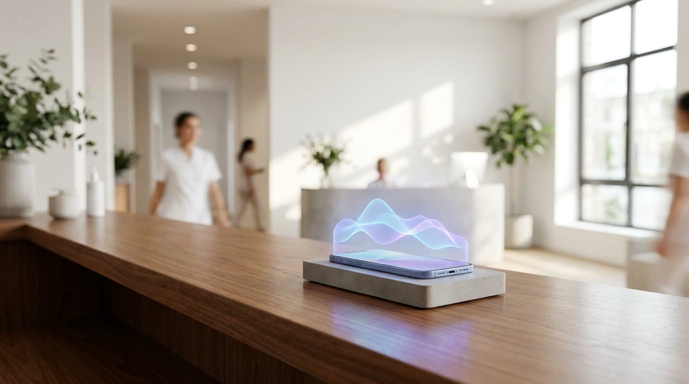 Salon reception desk with AURA on the phone